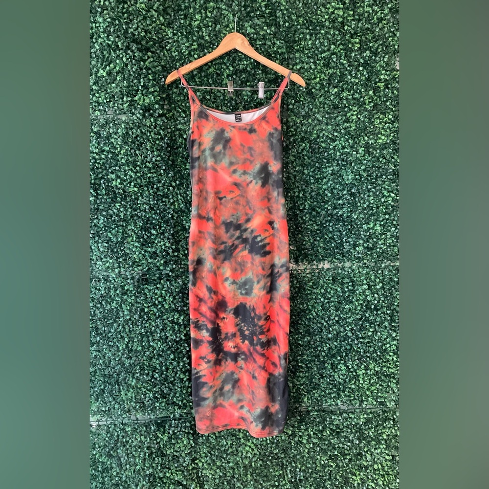 SHEIN Red Orange and Black Tie-Dye Midi Dress